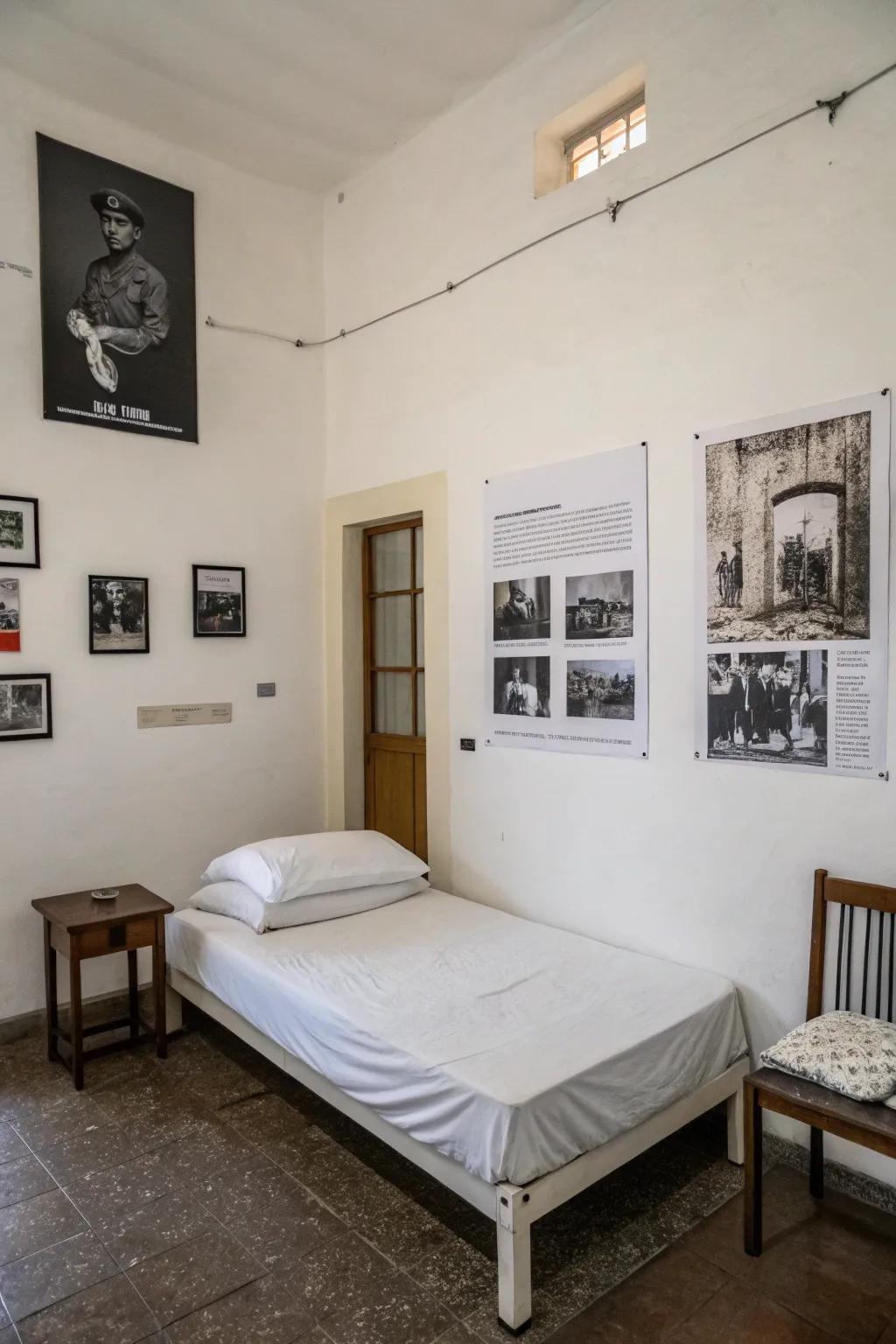 A minimalist room featuring posters in black and white.
