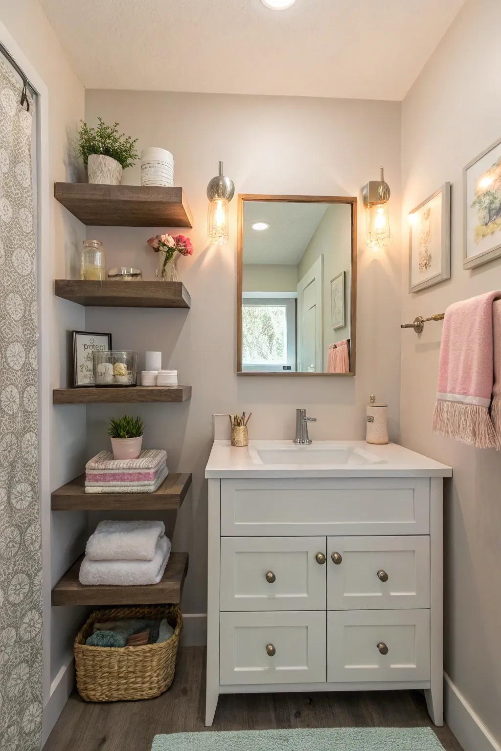 A powder room showcasing small furniture and efficient utilization of area.