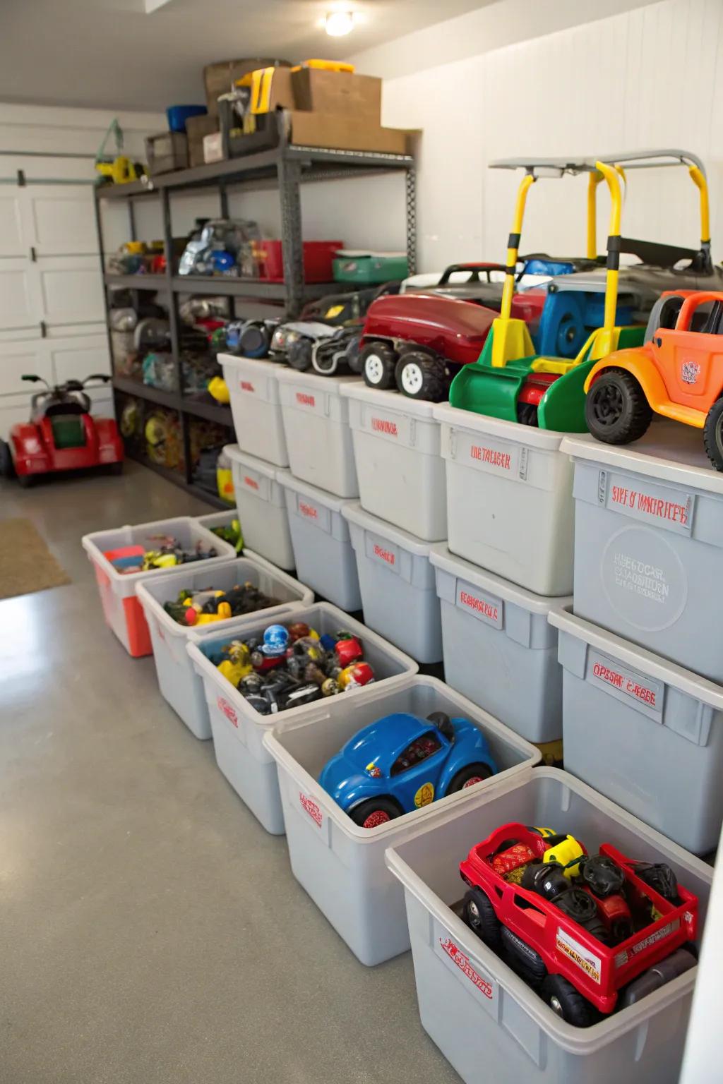 Portable storage bins for organizing smaller ride-on toys.