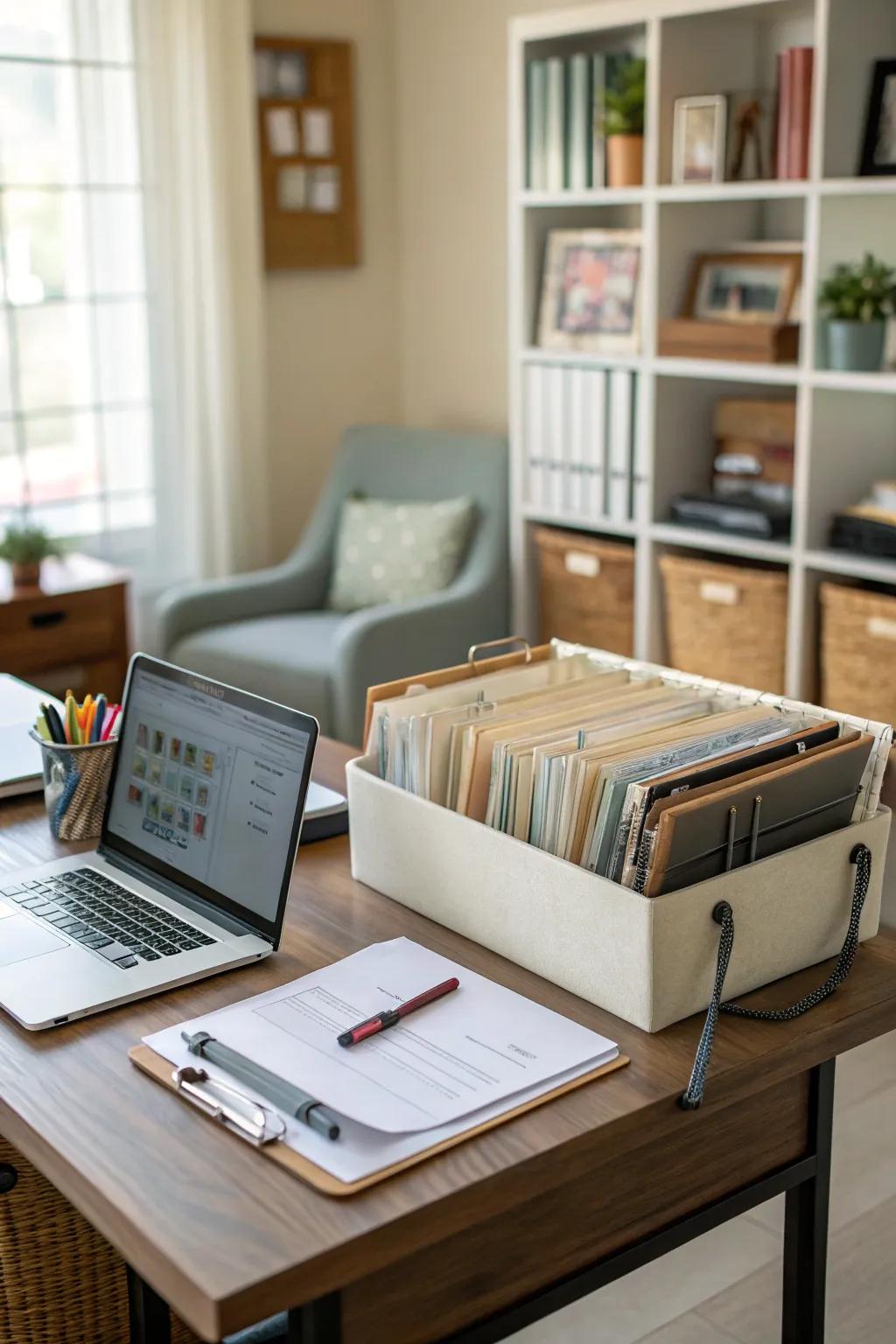 Hanging file folders offer a streamlined paper storage solution.