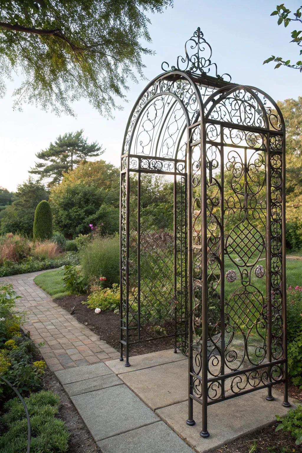 Enhance privacy and elegance using a decorative wrought iron trellis.