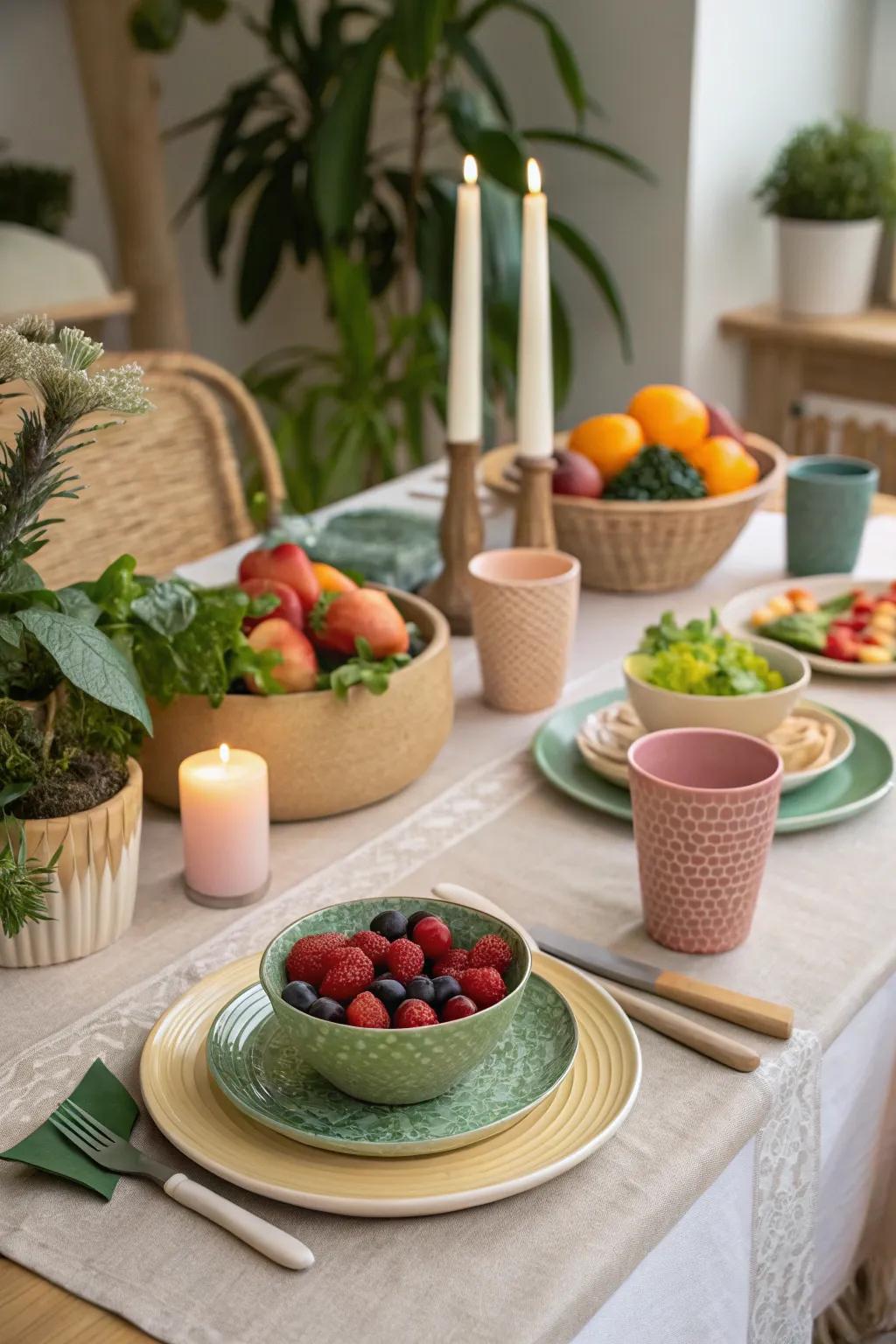 A dining table with organic dishes and eco-friendly decorations, highlighting reusable tableware.