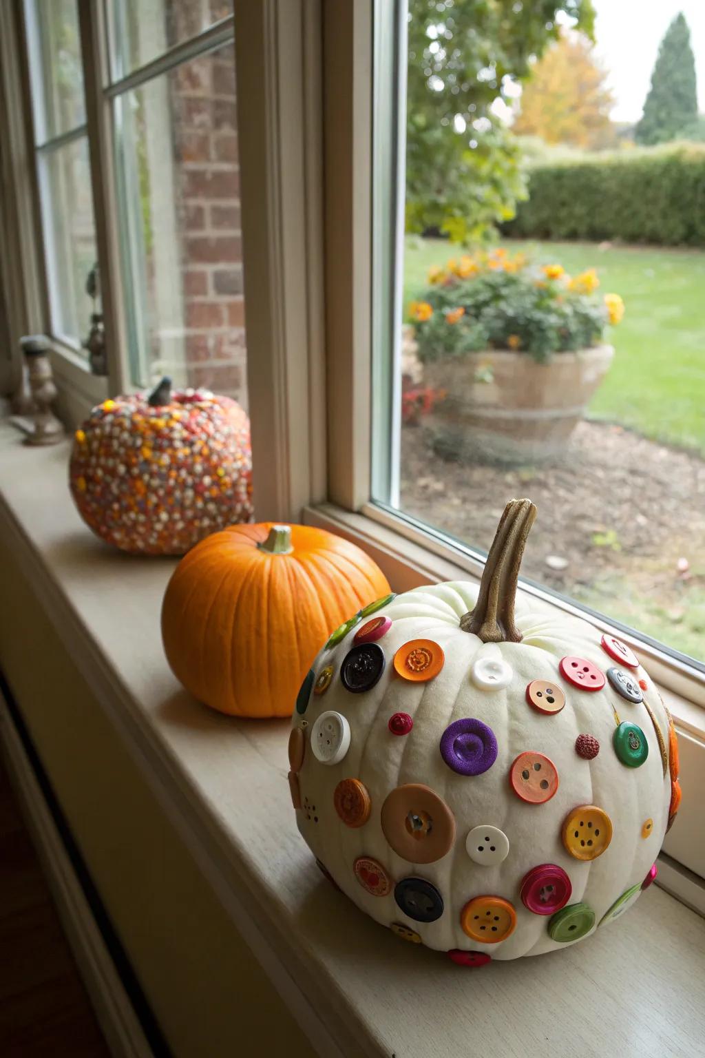 Pumpkins creatively ornamented with colorful buttons.