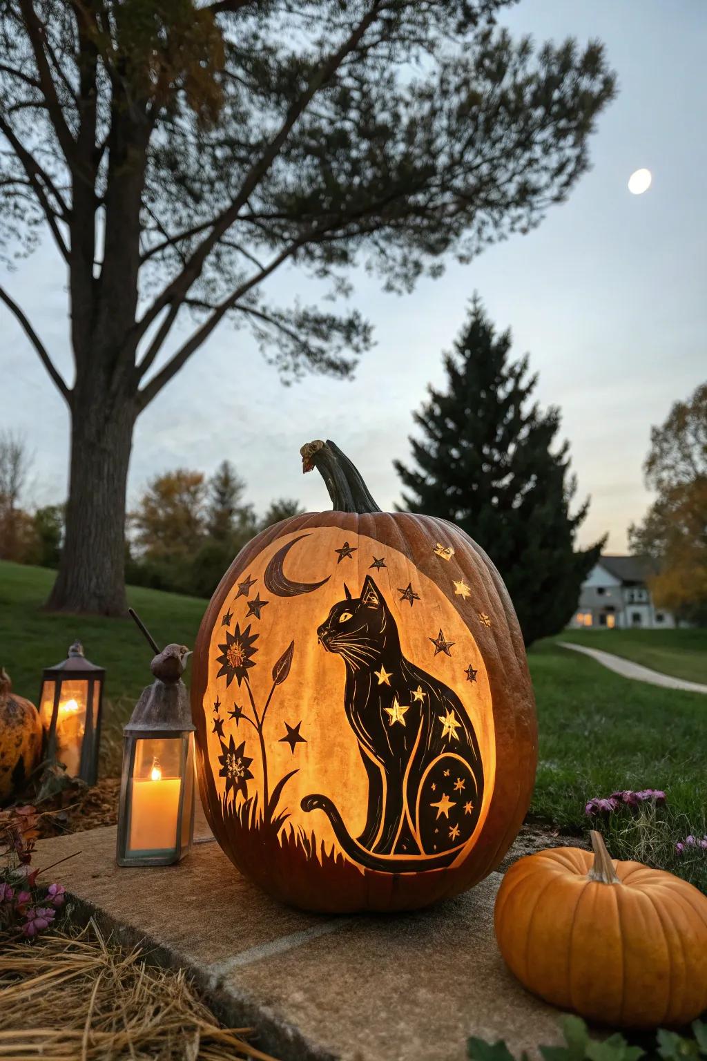 Enchanted moon cat pumpkin providing a hint of charm.