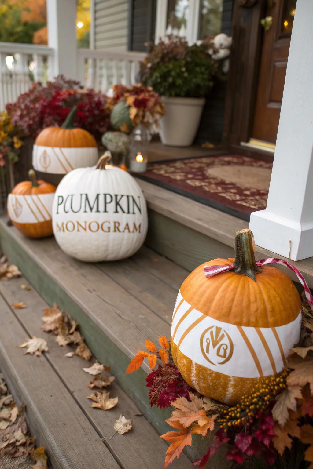Monogrammed pumpkins personalize your fall decor.