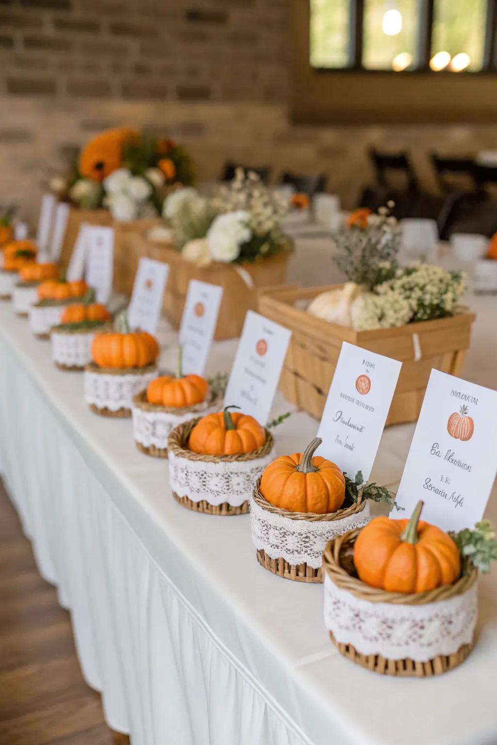 Mini gourds creatively used as place cards for guests.