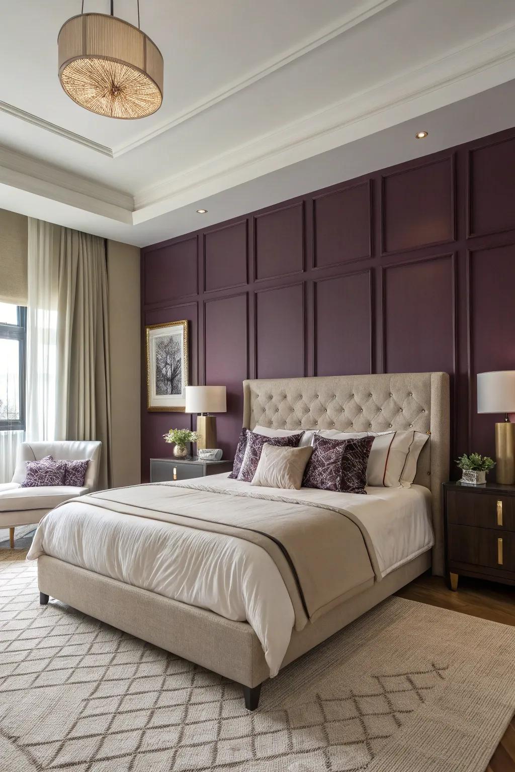 A grape-colored feature wall becomes the room's center point.