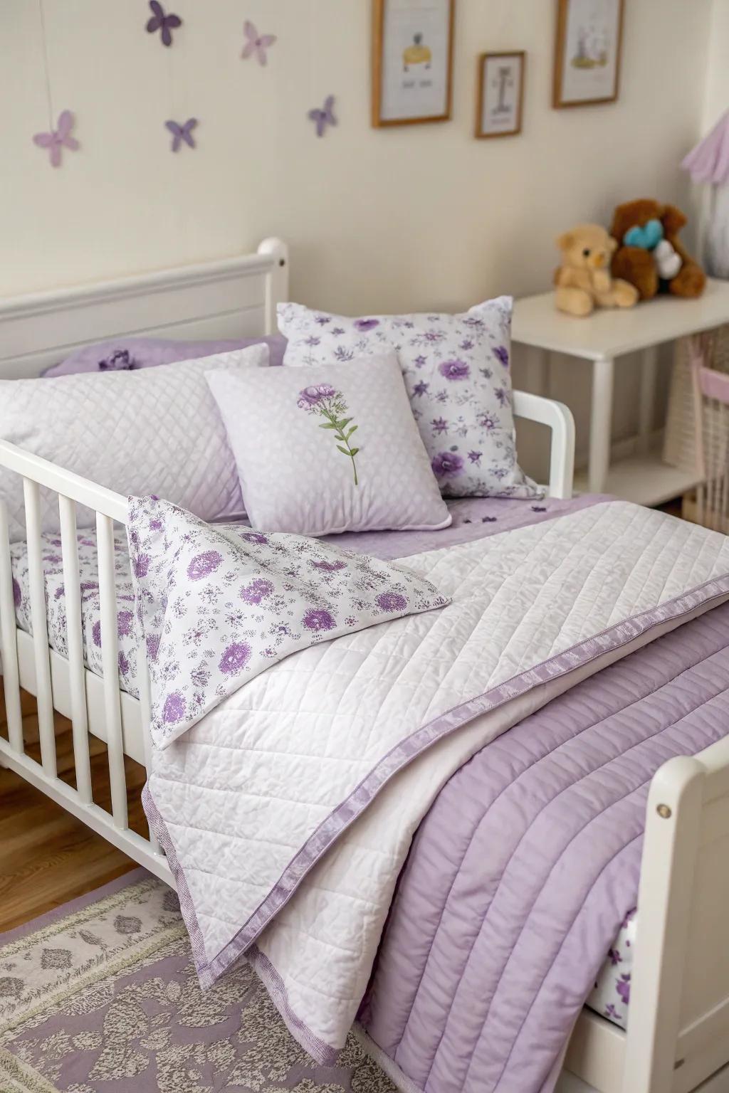 Understated purple bedding features tie the area together.