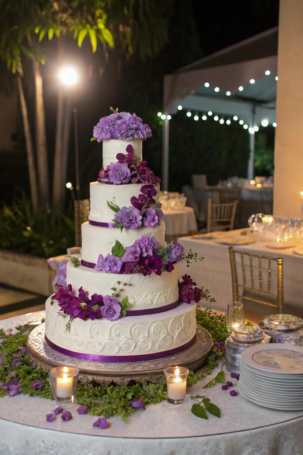 A wedding cake with purple accents is both beautiful and delicious.