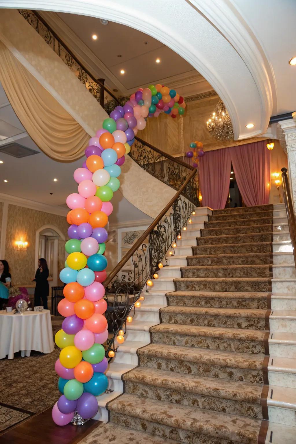 Balloon garlands render stairways inviting and festive.