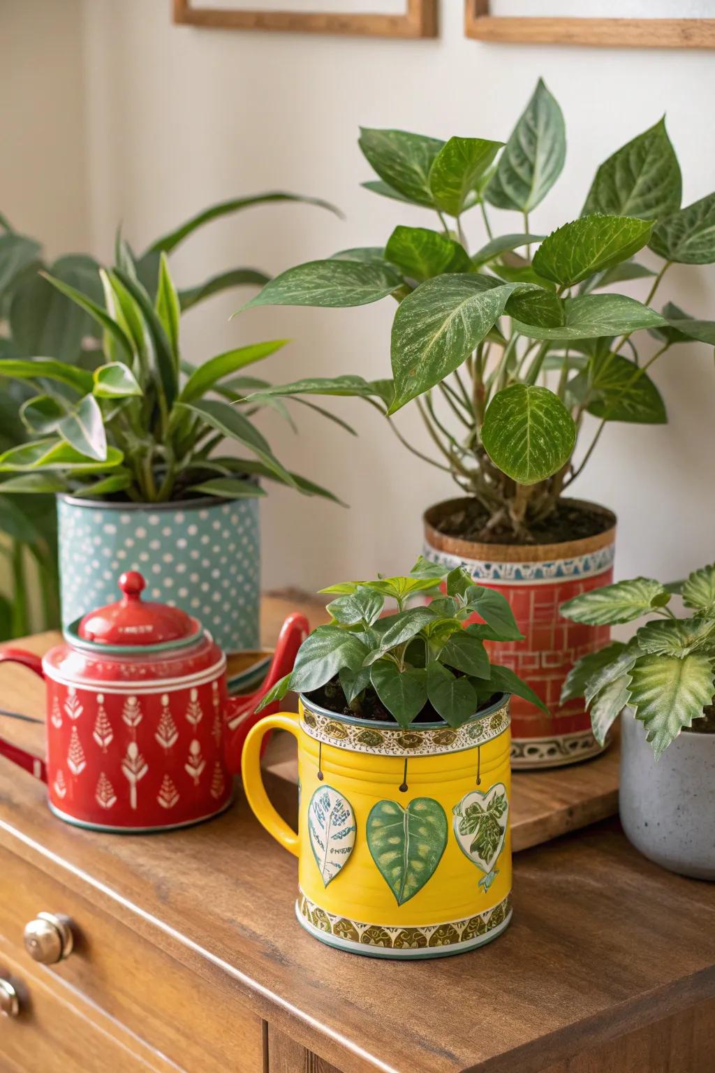 Houseplants in quirky containers like tea serving pots.