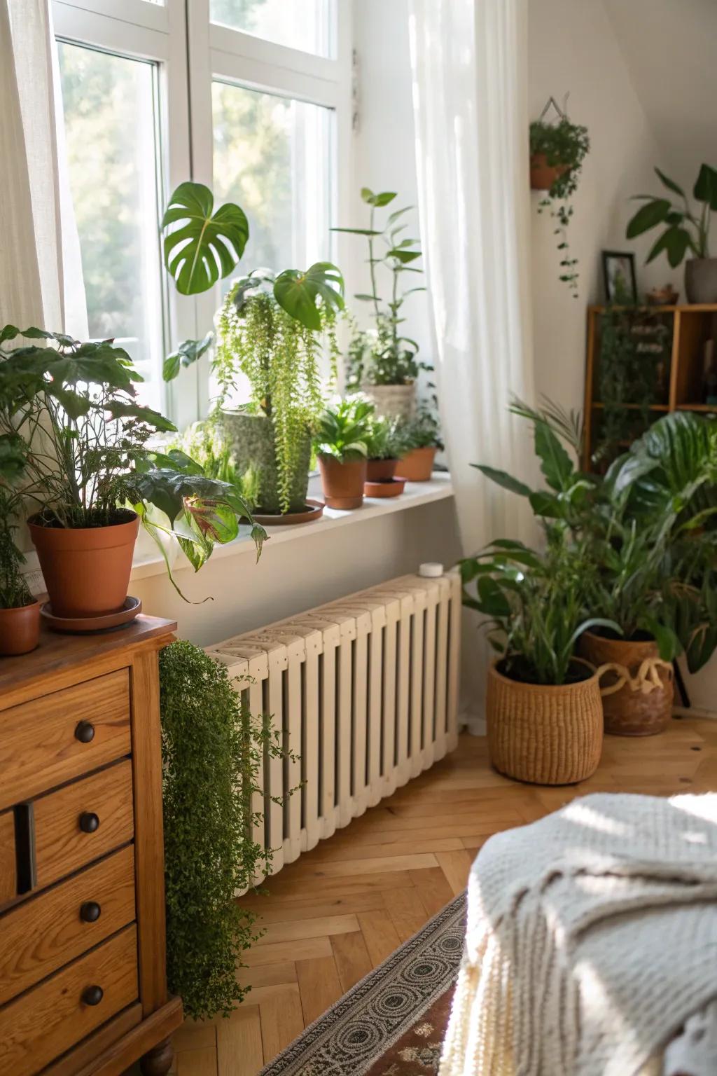 Potted plants atop a radiator face introduce a fresh, natural atmosphere to the setting.