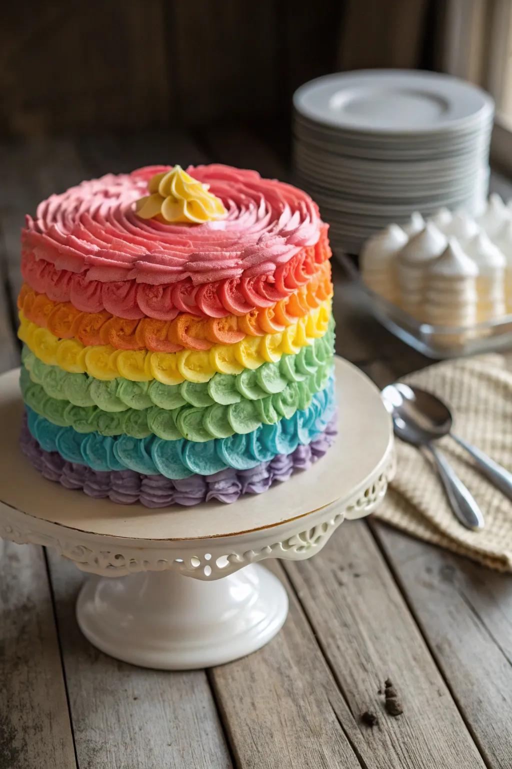 Ruffle frosting appends texture and merriment to the spectrum delight.