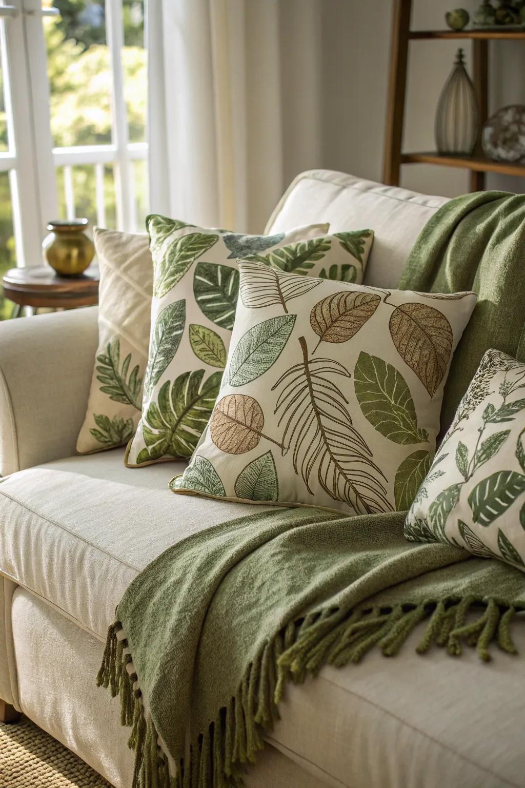 Foliage-themed fabrics add comfort and cohesiveness to your decor.