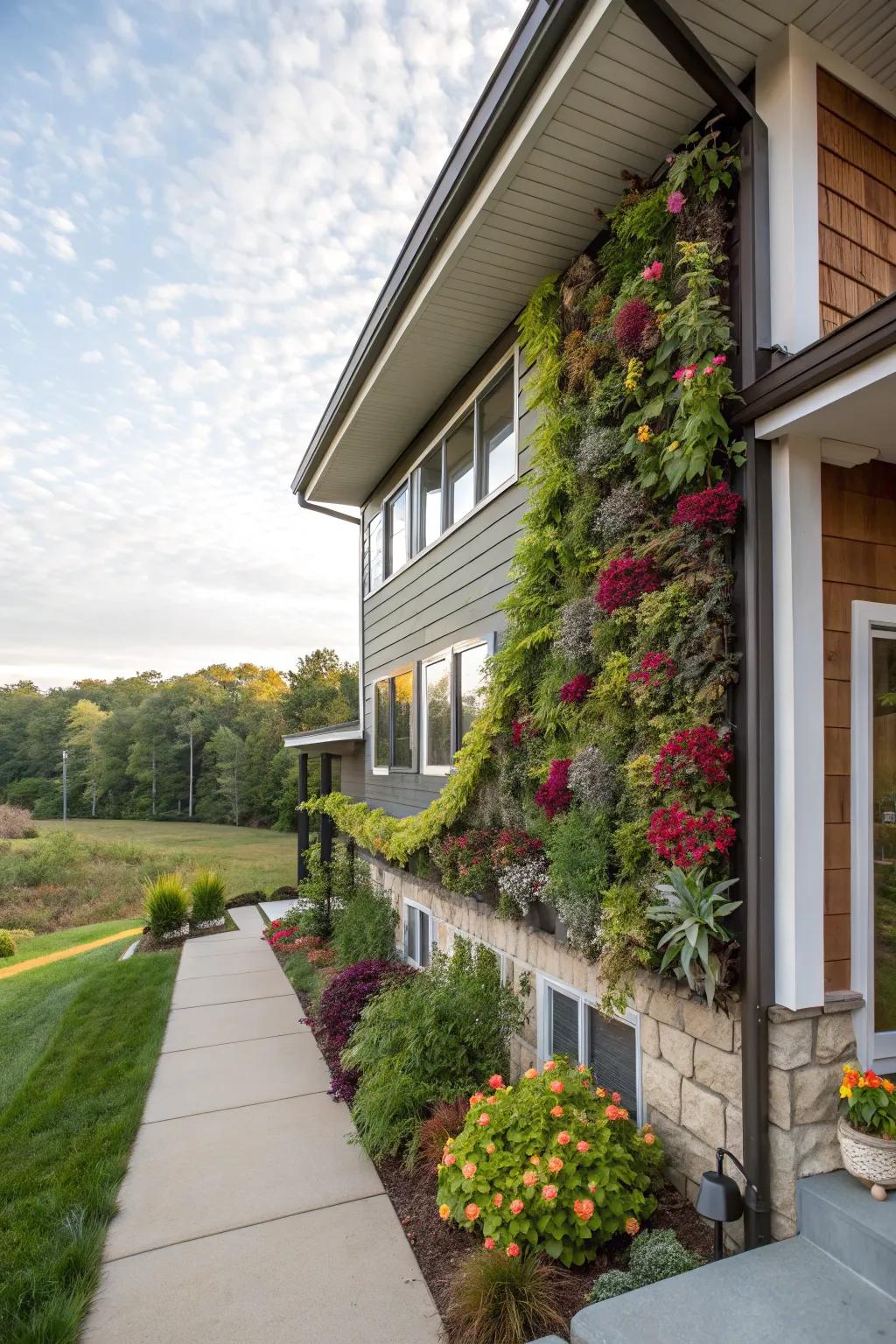 A vibrant living garden, giving natural elements to the exterior of a raised ranch.