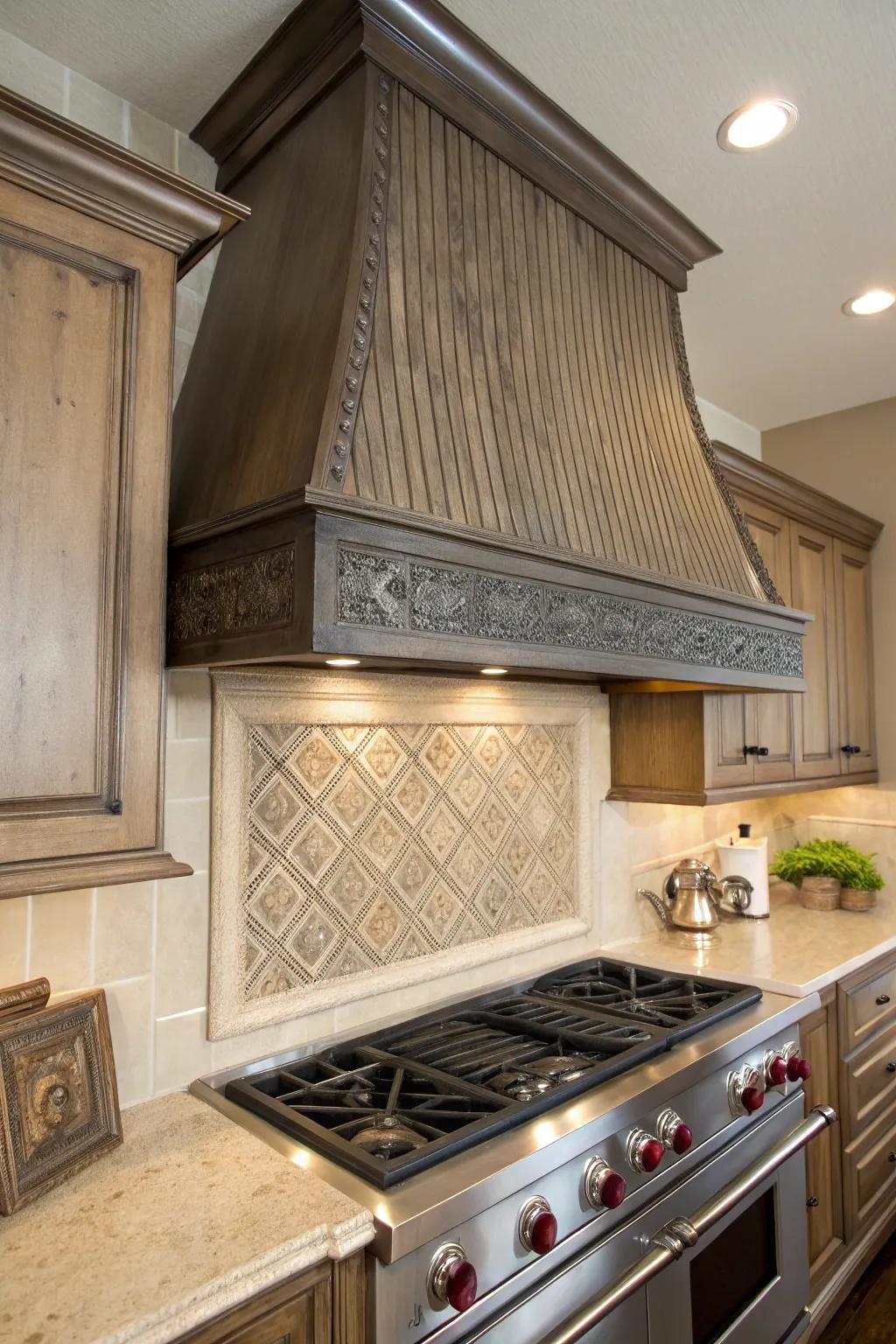 Varied textured treatments enhance the depth and appeal of your range hood.
