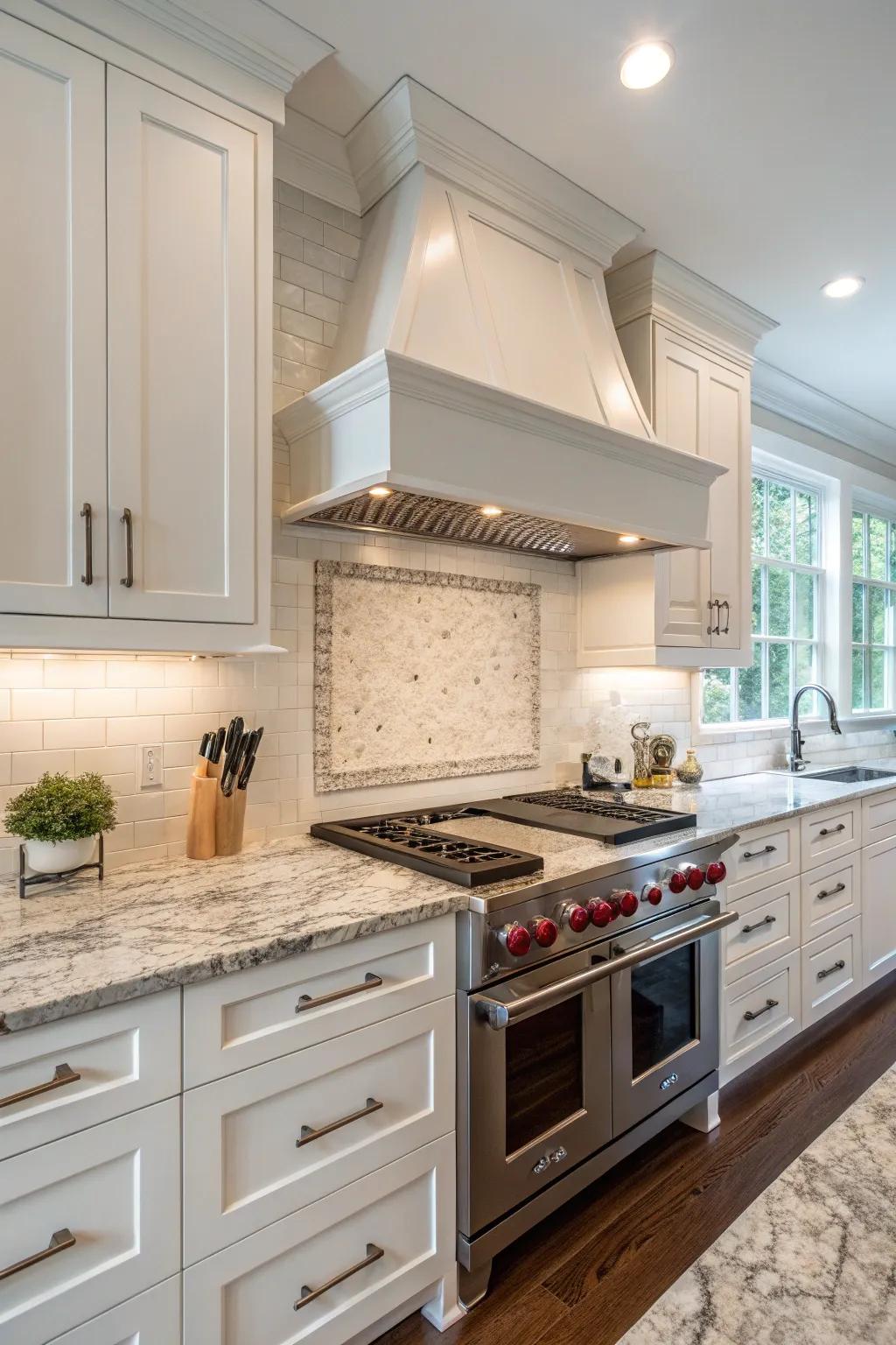 Kitchen with a backsplash that seamlessly flows over the vent hood for a unified appearance.