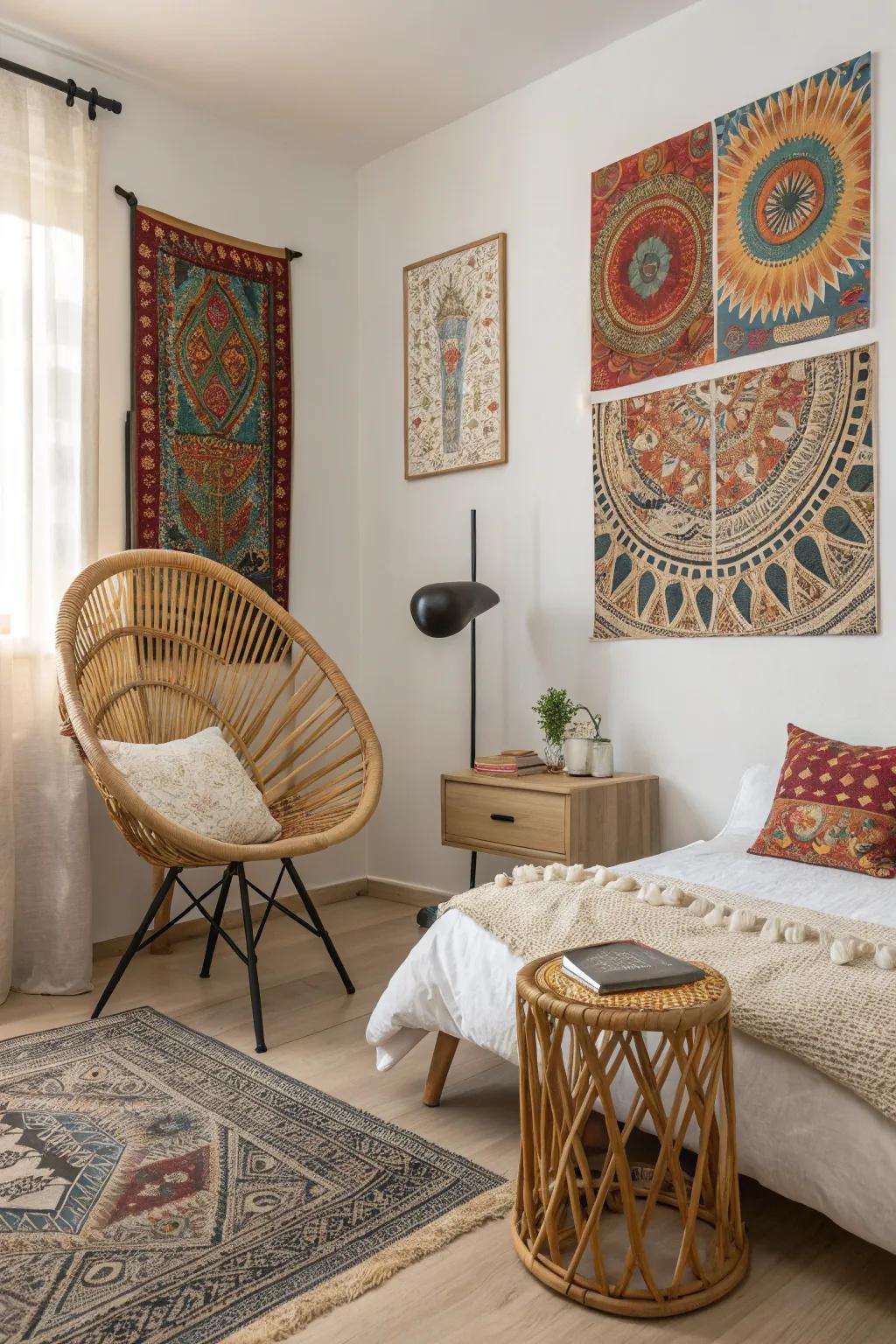 Develop an exceptional design by mixing bohemian and contemporary components with rattan.