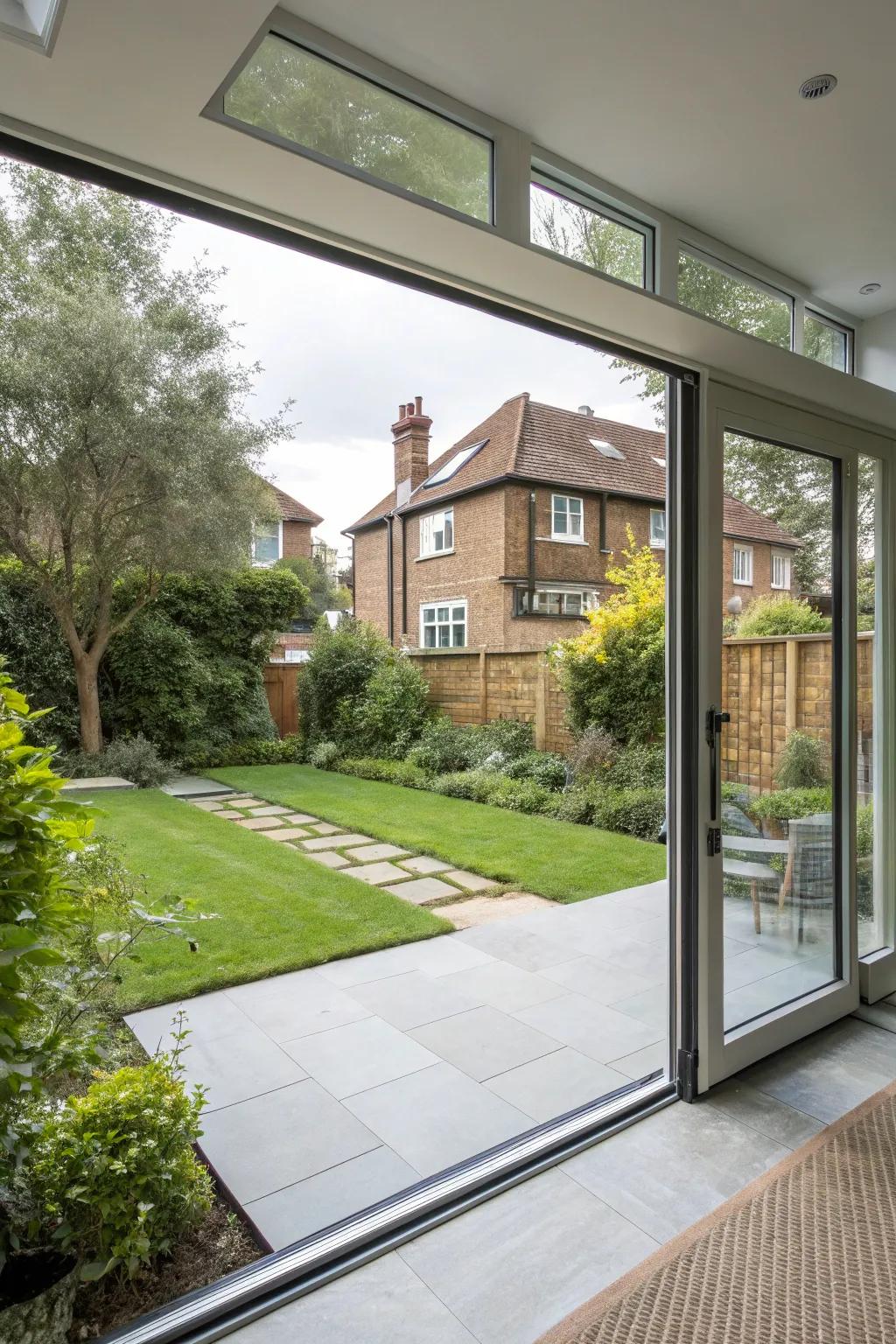 A back house extension with gliding entryways that provide a smooth indoor-outdoor flow.