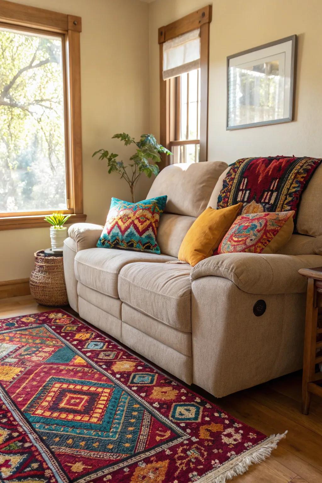 A vibrant living space featuring colorful accents that beautifully complement the recliner sofa.