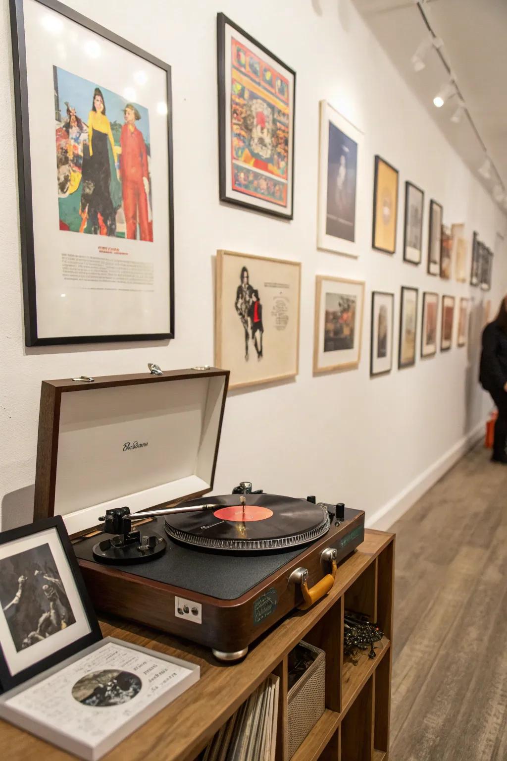 An artistic gallery wall integrated with a record player setup.