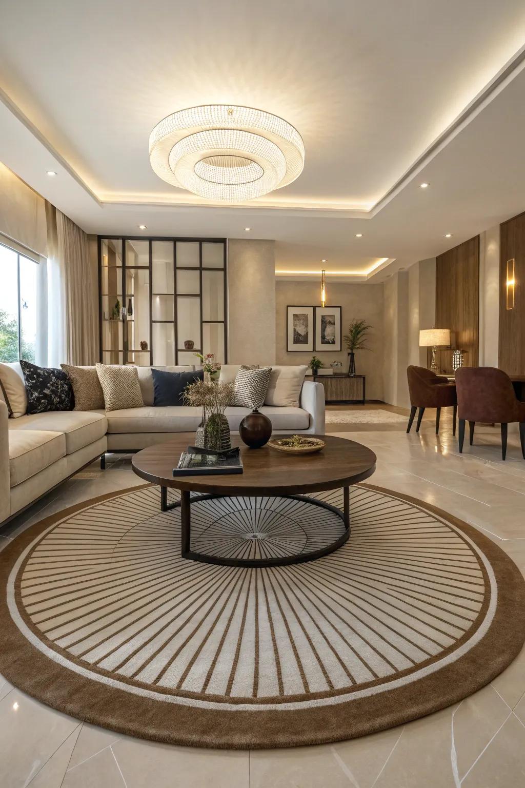 Rounded shapes moderate the space&rsquo;s geometry.