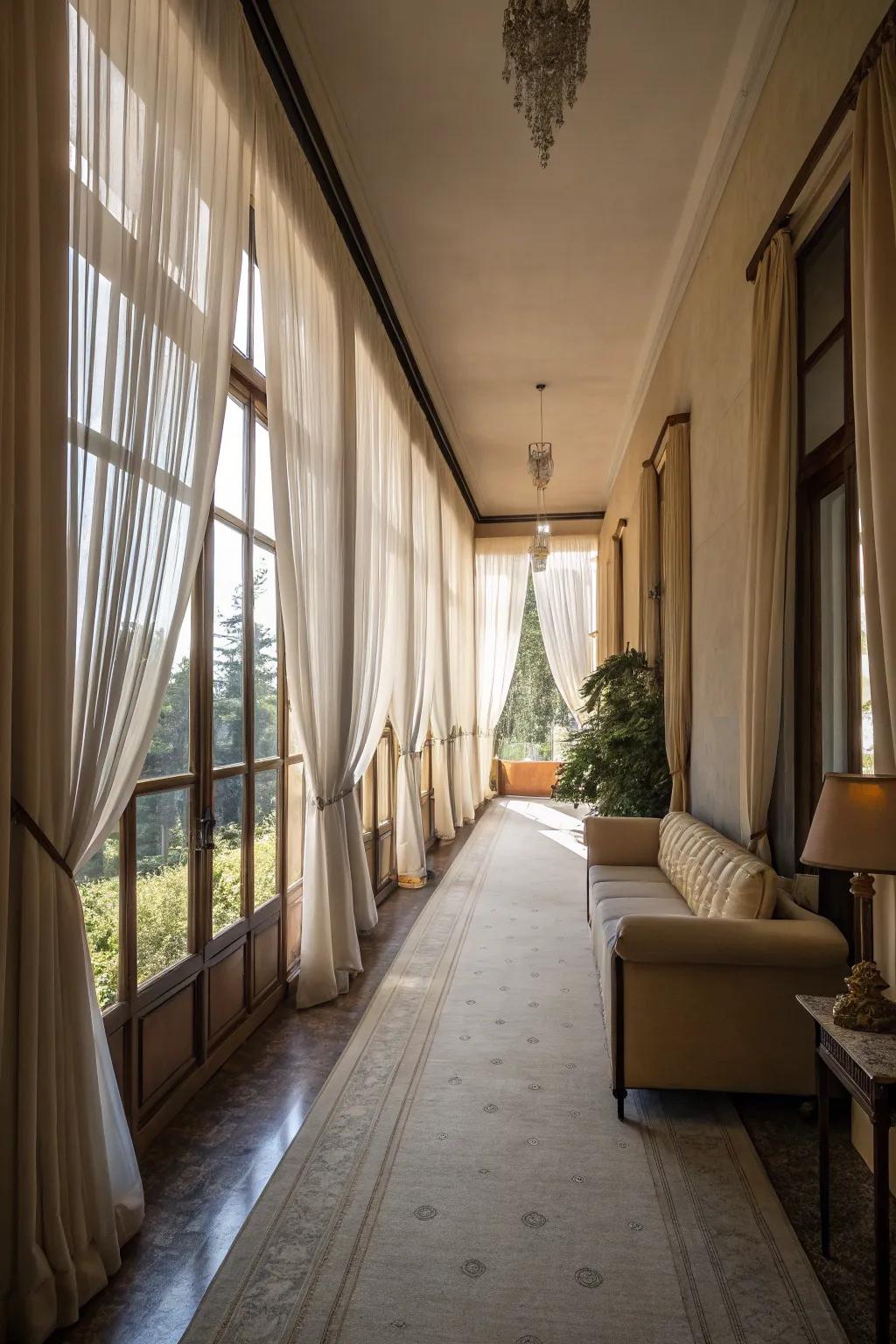 Natural light makes a slender living room feel more spacious.