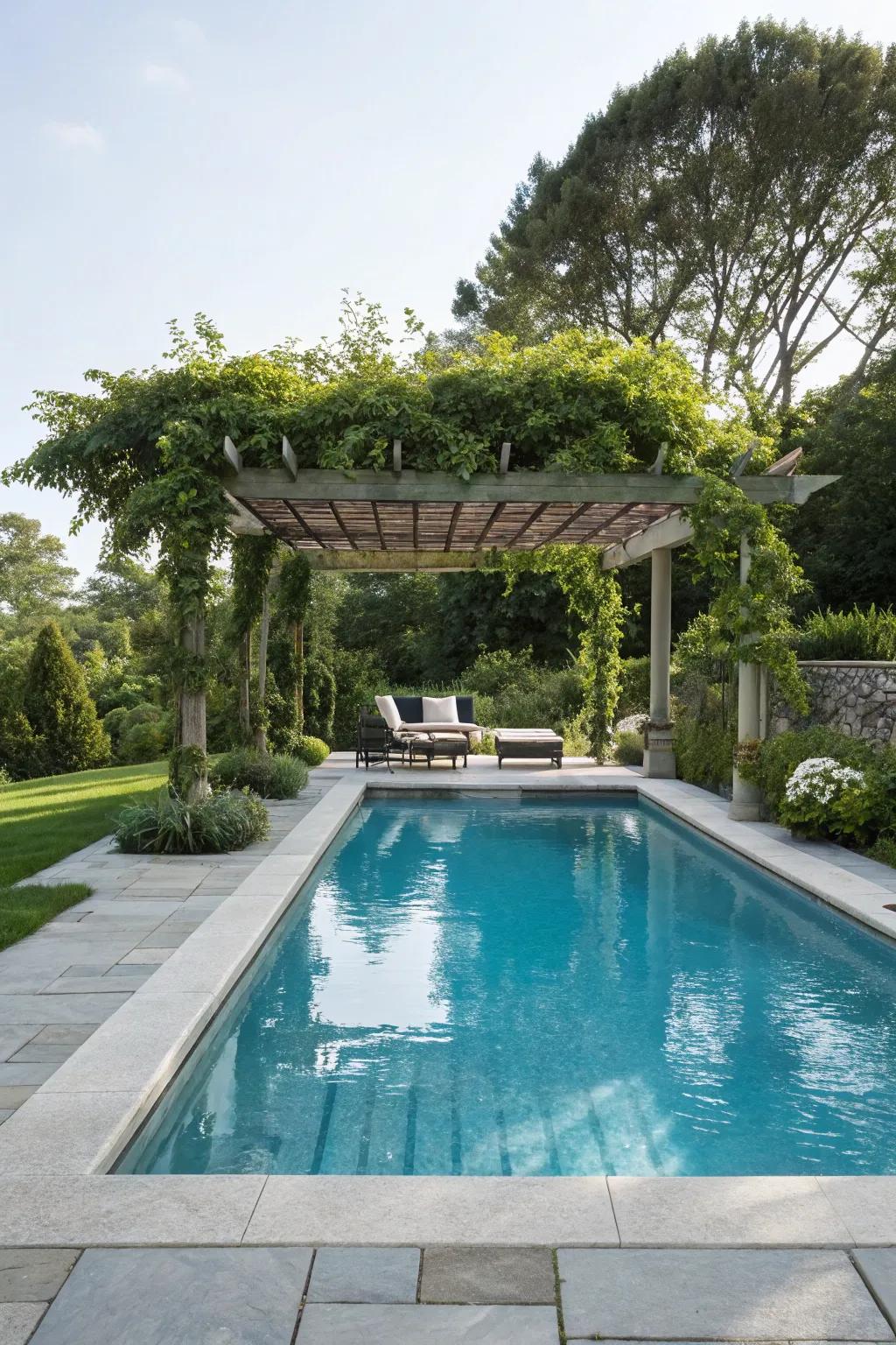 A pergola offers a stylish shaded retreat beside the pool.