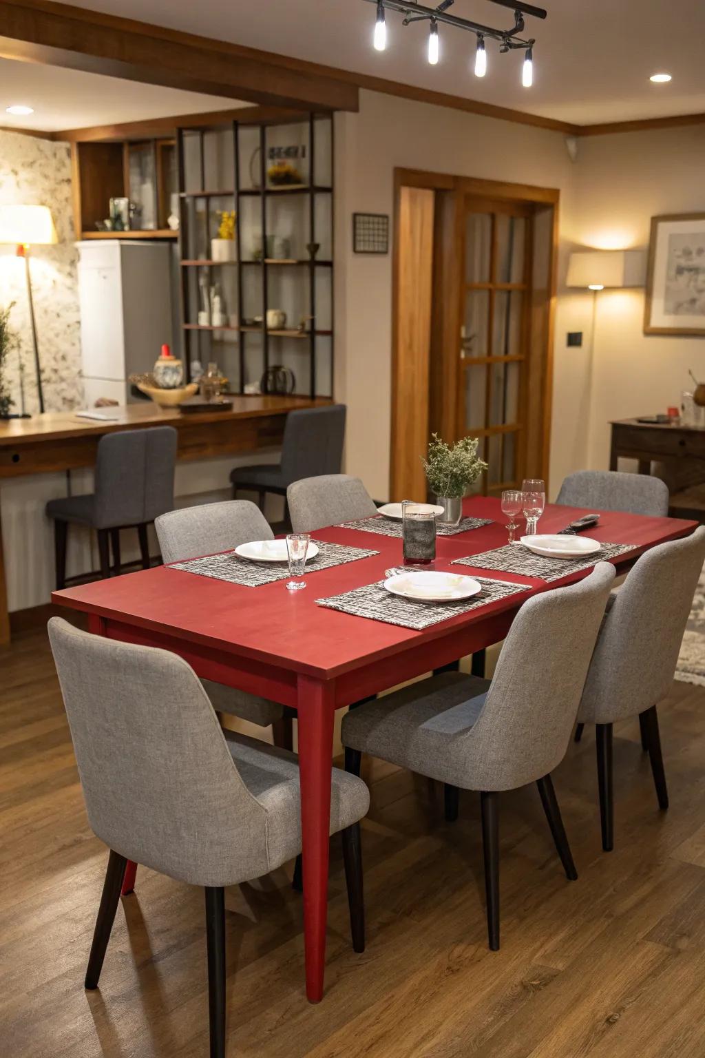 The dining space features a crimson surface complemented by grey chairs.