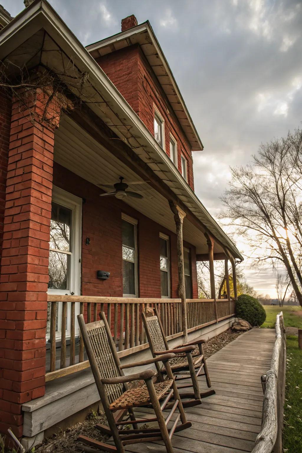 Rustic rocking chairs are perfect for enjoying a peaceful moment on a red brick porch.