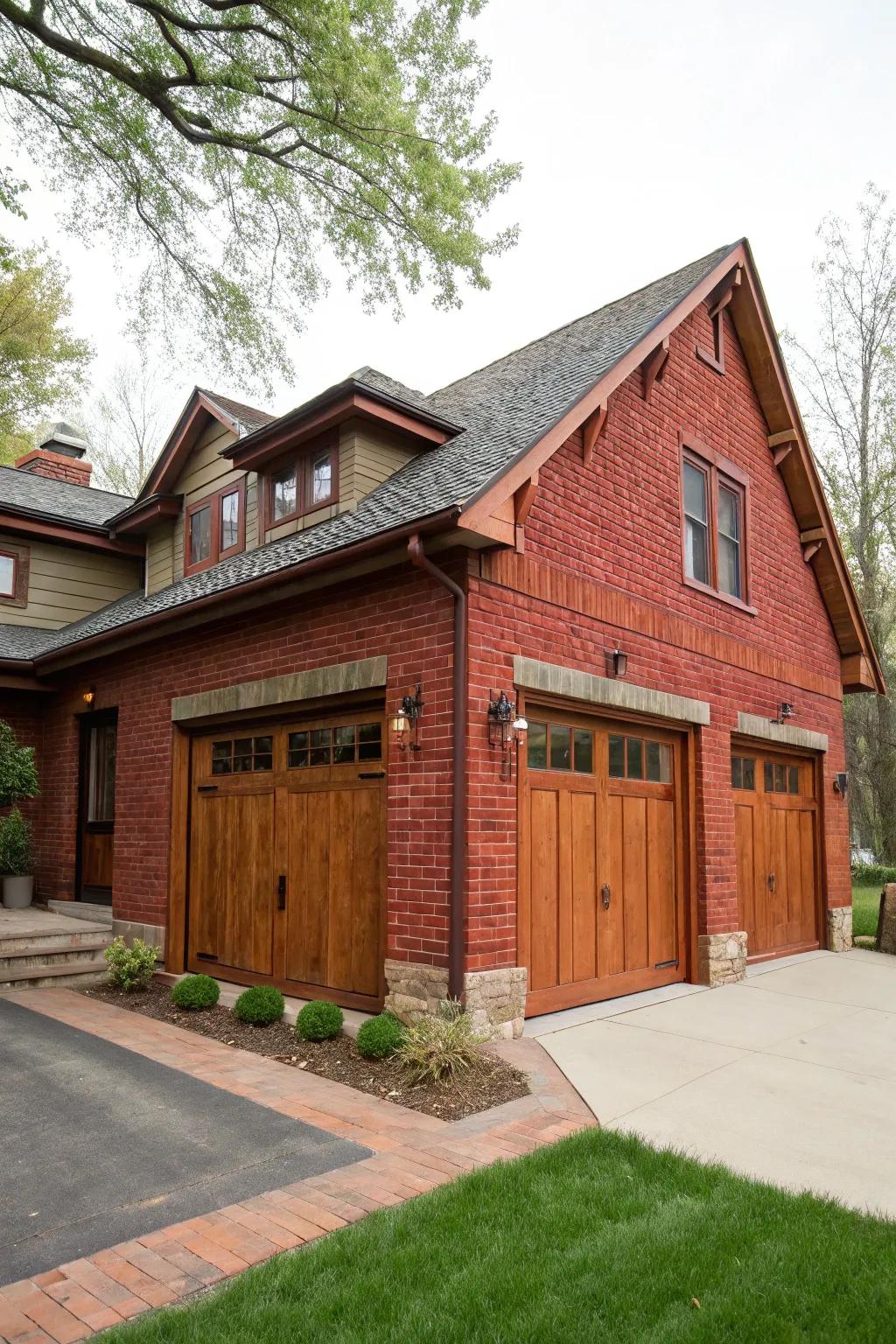 Wood features add warmth to this red brick house.