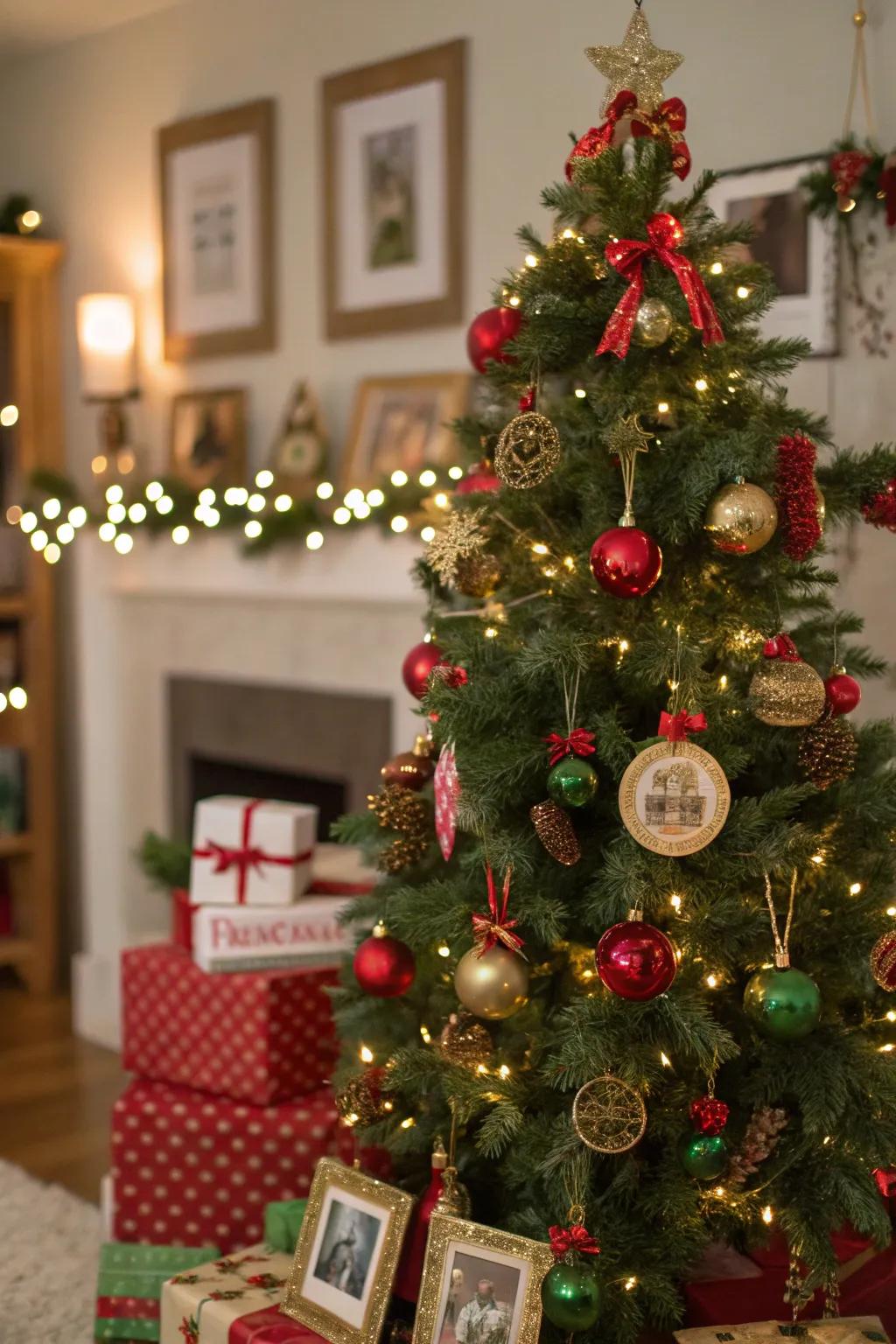 Meaningful ornaments contribute a personal touch to the holiday decor.