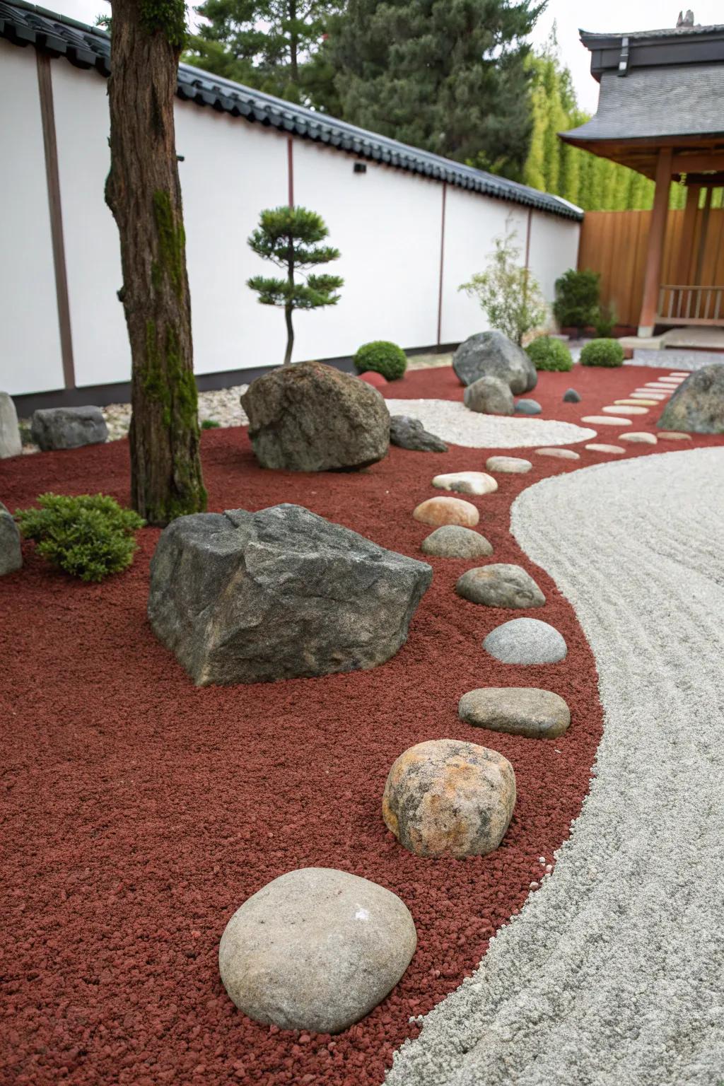 Crimson volcanic stones convey a tranquil, minimalist mood to this Zen garden.