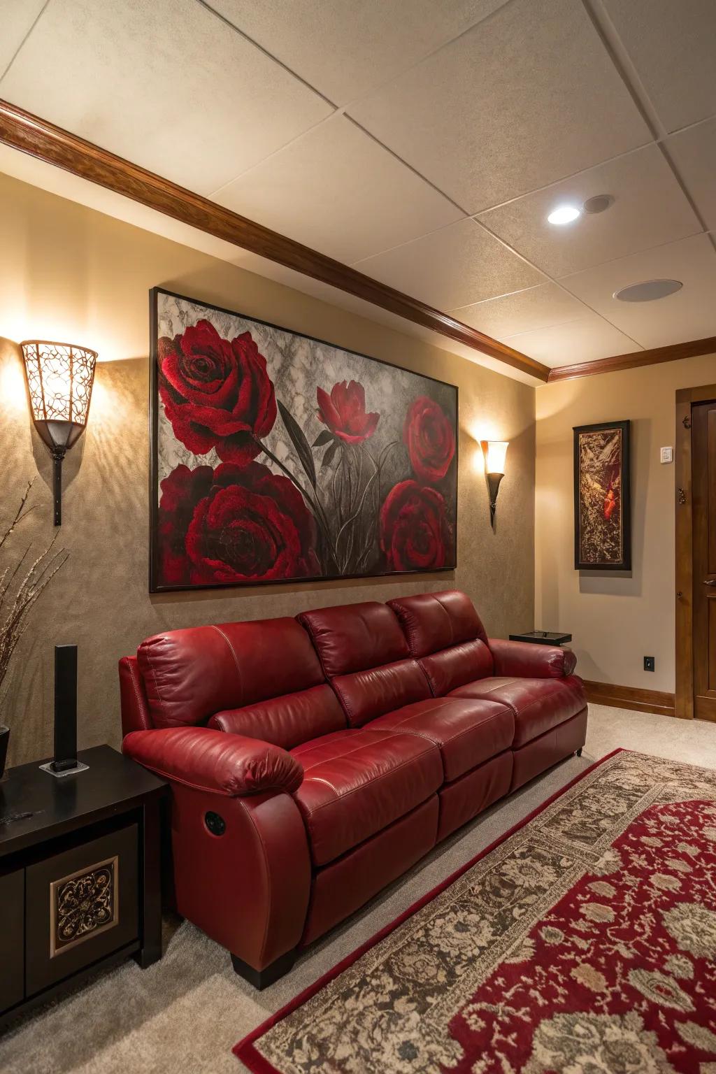 Expressive wall art can render your crimson hide sofa the focal attraction of the room.