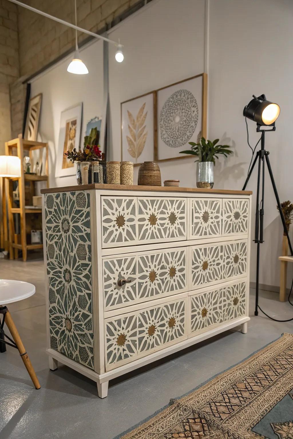 Stenciled patterns imbue a creative essence to your furniture.