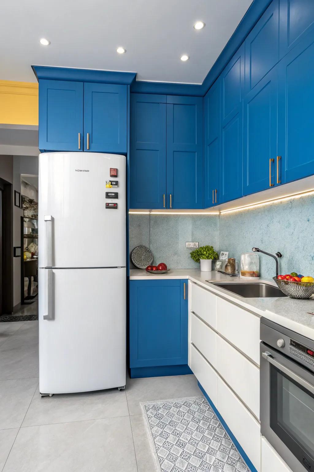 Contrasting elements in the refrigerator area introduce boldness and character.
