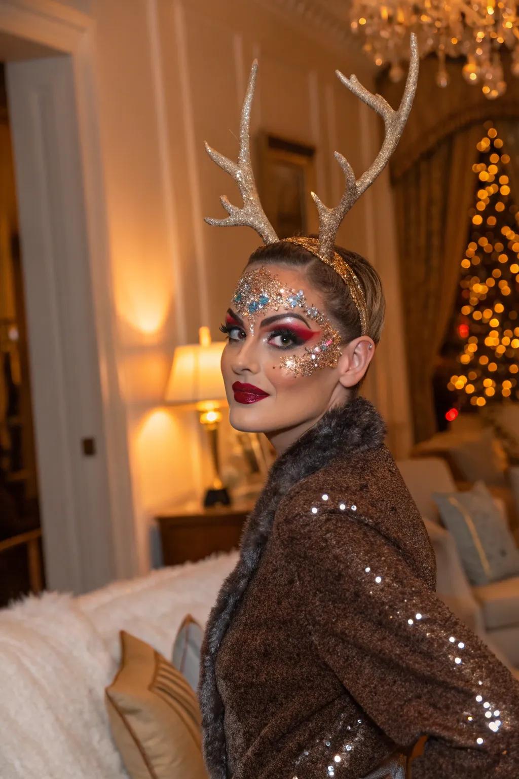 Shimmer and radiance incorporate a glamorous touch to reindeer face paint.