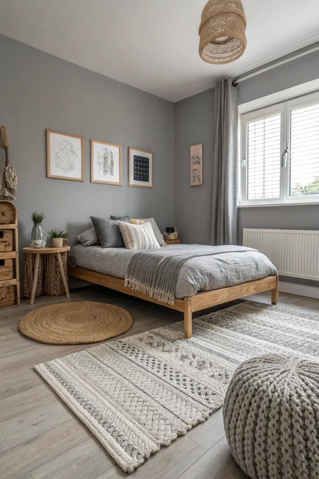 Layered rugs add to the cozy atmosphere of a repose gray bedroom.
