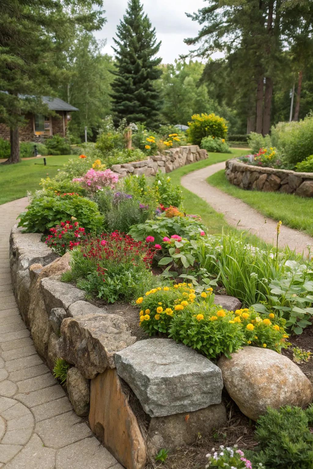 Lofted stone plots contribute altitude and measurement to gardens.