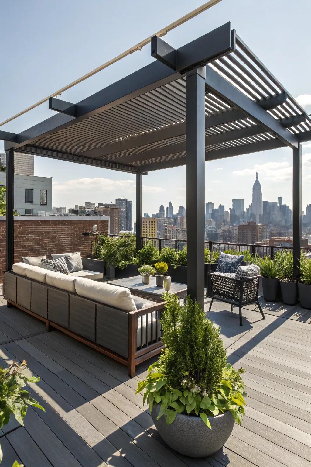 Improve your rooftop deck with a pergola for shade and design.