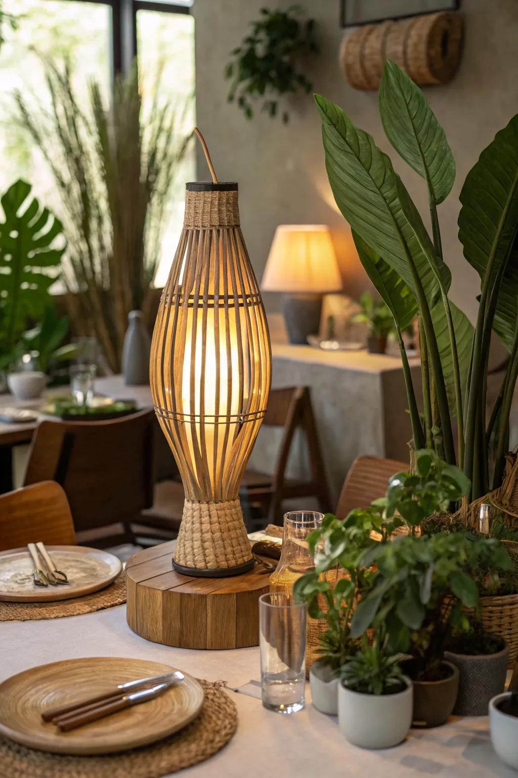 Bamboo table lamp positioned on a restaurant table that features elements of natural decor.
