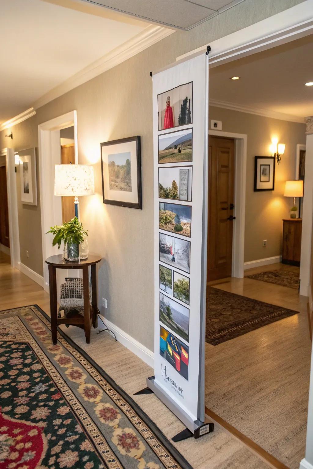 With a creative display, turn a narrow hallway into a small art gallery.
