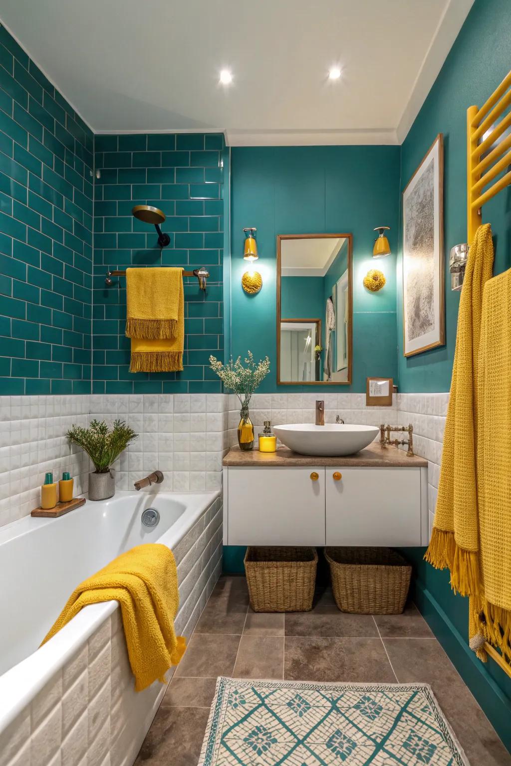 Bold color contrasts bring an exciting, retro vibe to your bathroom.