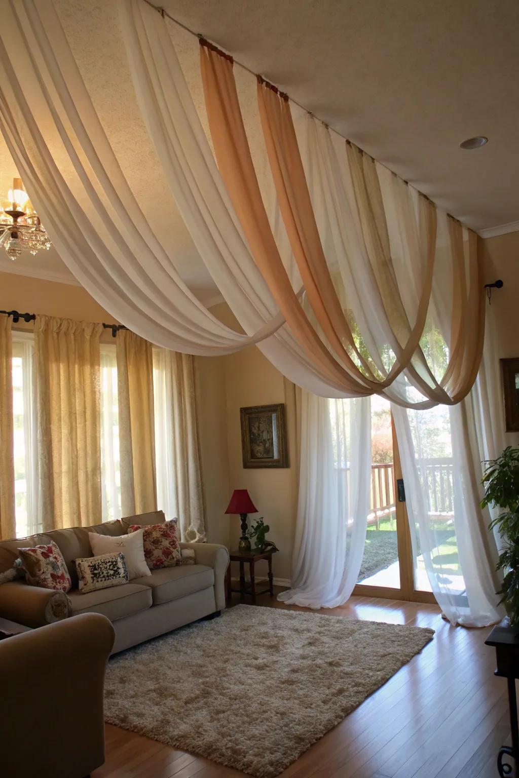 Dramatic ceiling-to-floor fabric strip drapes.