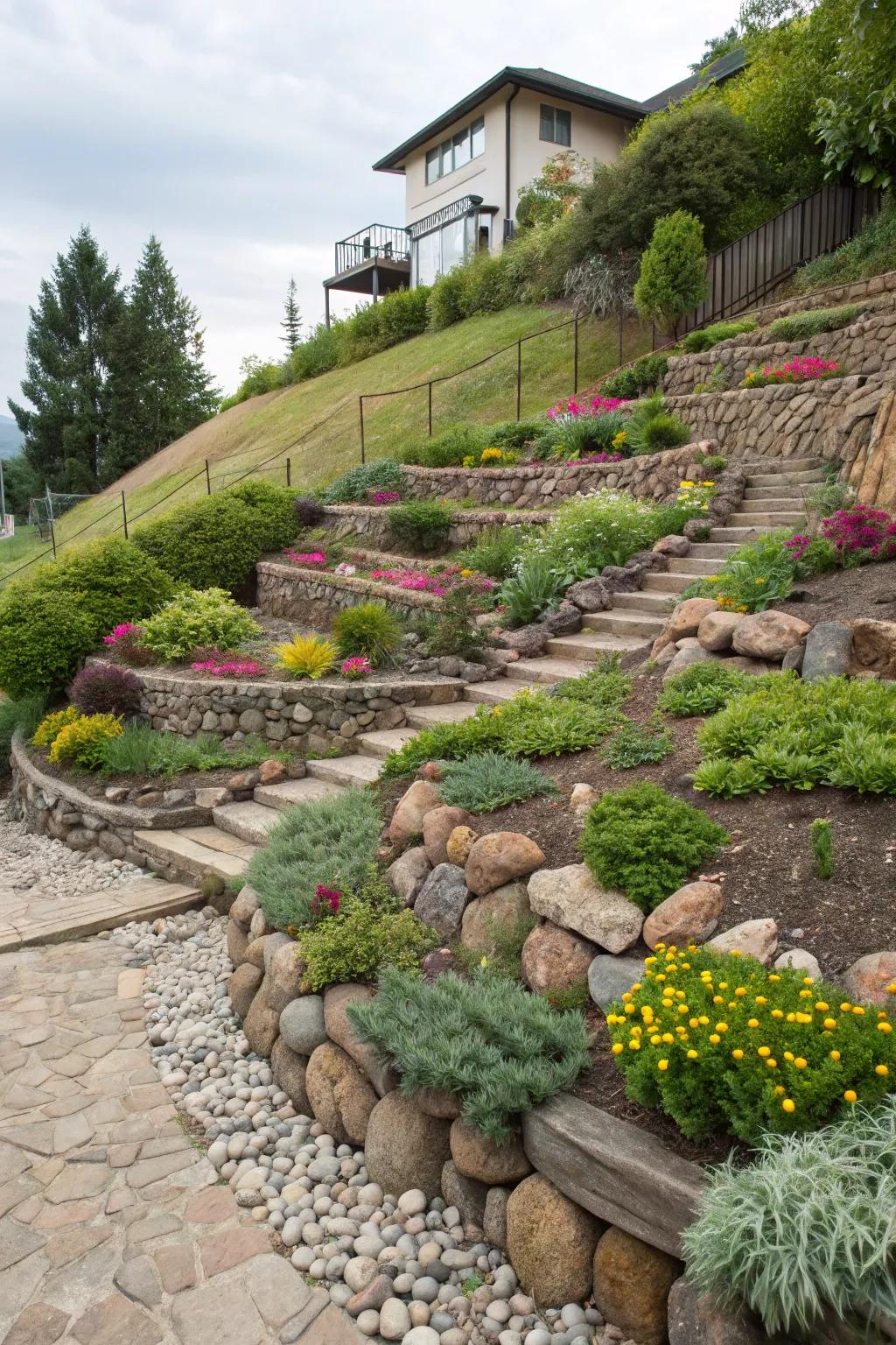 Enhance inclined gardens via layered pebble designs.