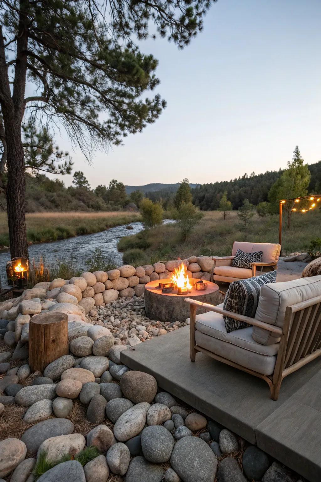A river stone enclosure imparts rustic charm and safety to this welcoming brazier area.