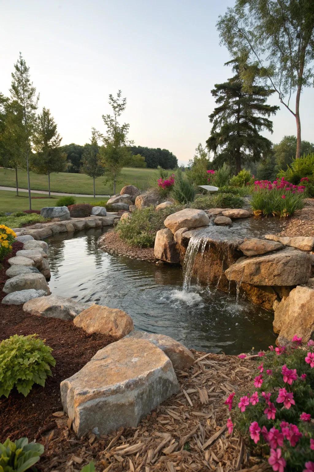 A water feature bestows tranquility onto the garden's landscape.