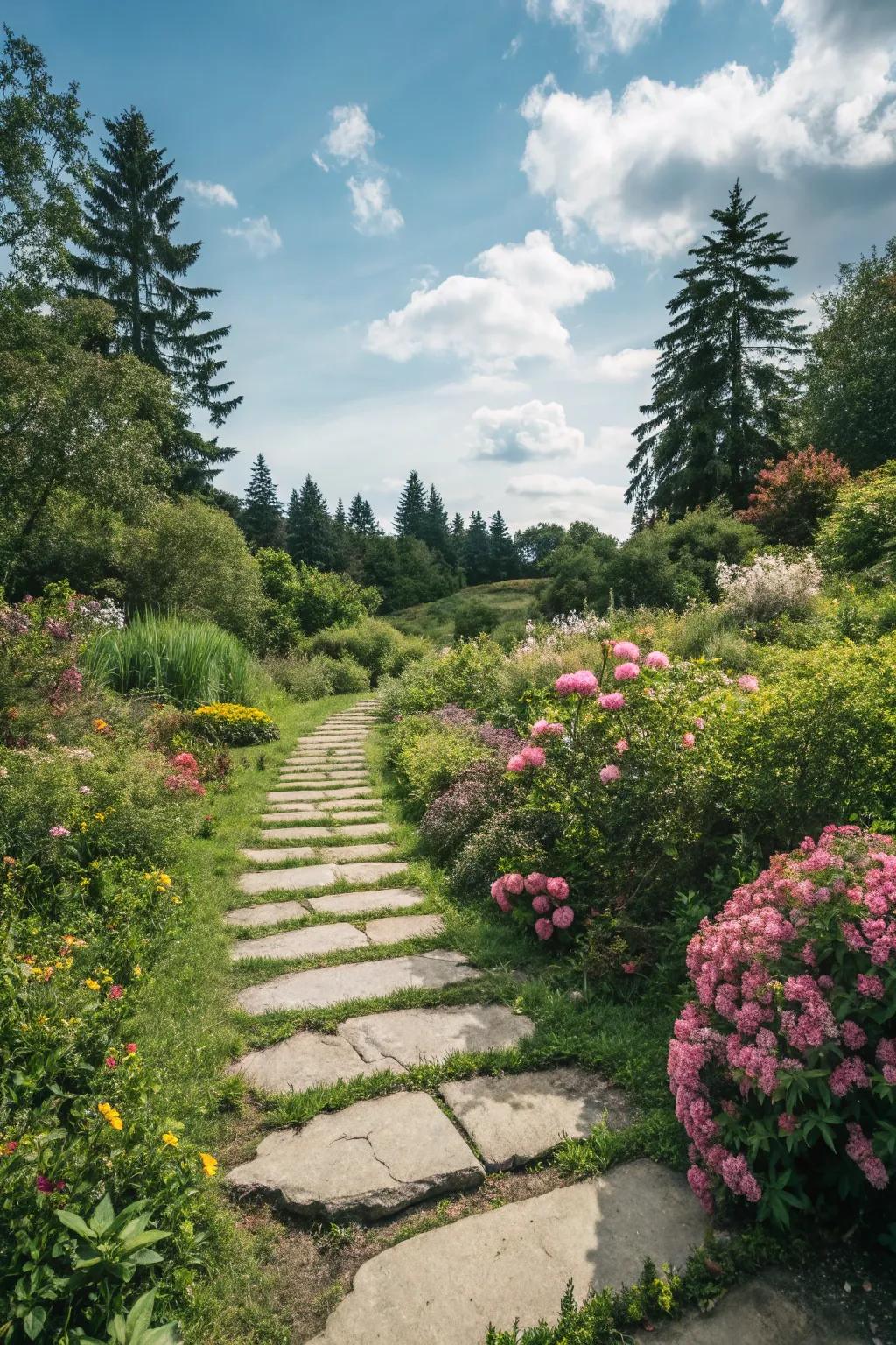 A charming walking stone route leading through a lush garden area.