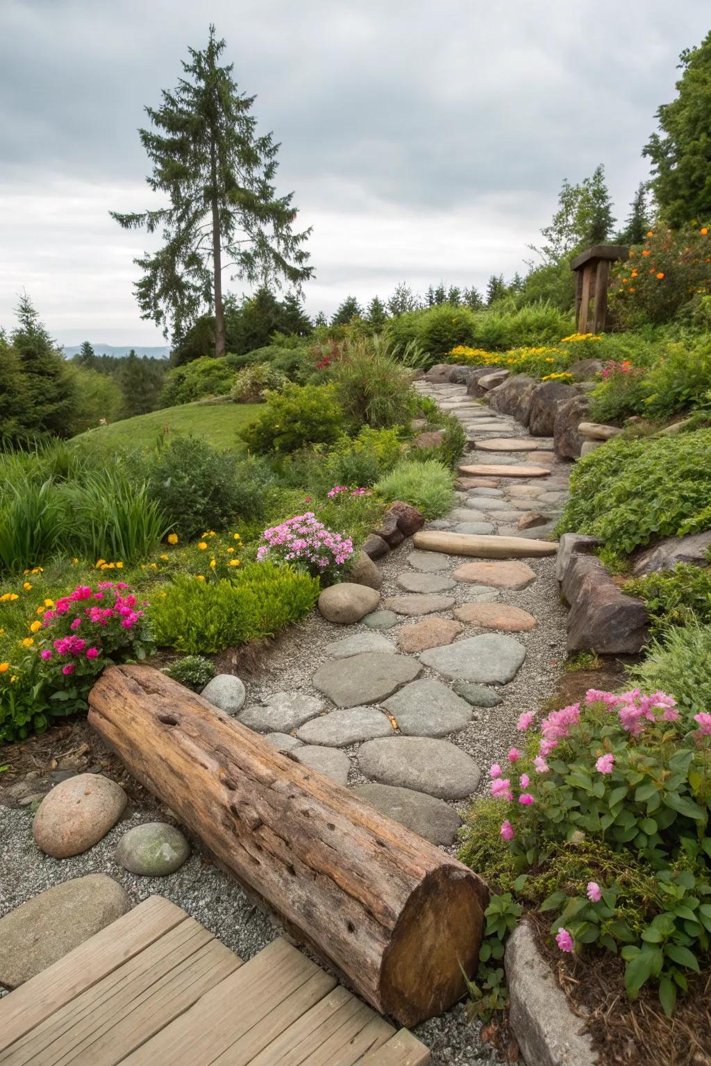Wood and rock unite to form a path that’s warm and inviting.