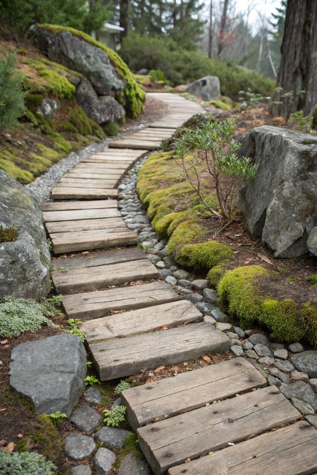 Wooden planks juxtaposed with stones impart a homespun allure to walkways.
